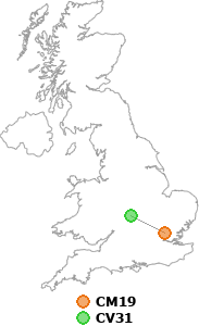 map showing distance between CM19 and CV31