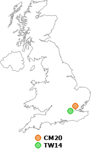 map showing distance between CM20 and TW14