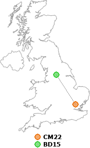 map showing distance between CM22 and BD15