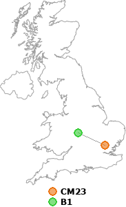 map showing distance between CM23 and B1