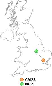 map showing distance between CM23 and NG2