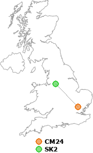map showing distance between CM24 and SK2