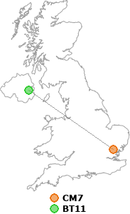 map showing distance between CM7 and BT11