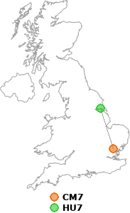 map showing distance between CM7 and HU7