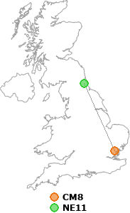 map showing distance between CM8 and NE11