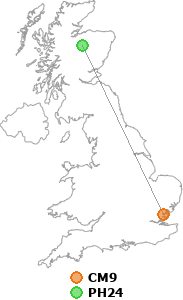 map showing distance between CM9 and PH24
