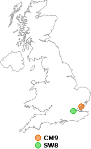 map showing distance between CM9 and SW8