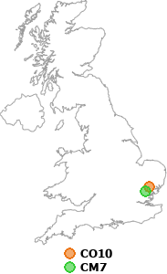 map showing distance between CO10 and CM7
