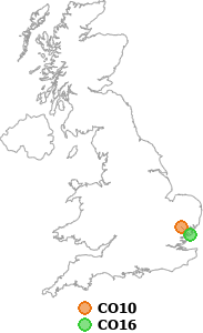 map showing distance between CO10 and CO16