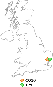 map showing distance between CO10 and IP5