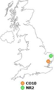 map showing distance between CO10 and NR2