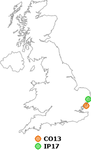 map showing distance between CO13 and IP17