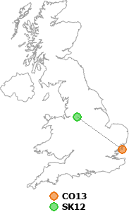 map showing distance between CO13 and SK12