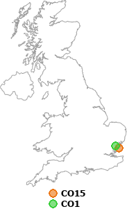 map showing distance between CO15 and CO1