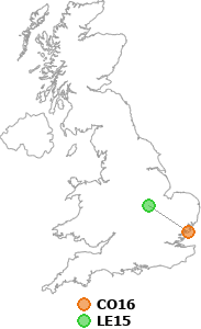 map showing distance between CO16 and LE15
