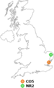 map showing distance between CO5 and NR2