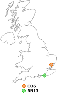 map showing distance between CO6 and BN13