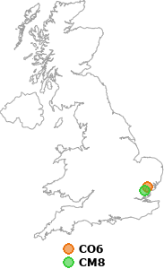 map showing distance between CO6 and CM8