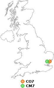 map showing distance between CO7 and CM7