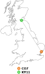 map showing distance between CO7 and KY11