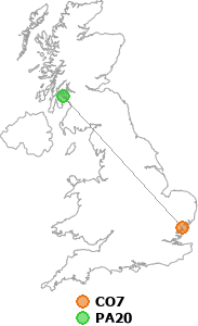 map showing distance between CO7 and PA20