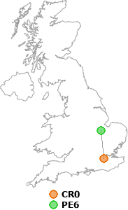 map showing distance between CR0 and PE6