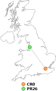 map showing distance between CR0 and PR26