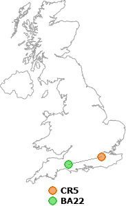 map showing distance between CR5 and BA22