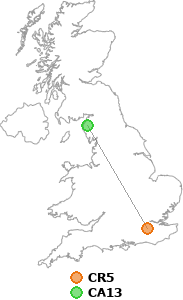map showing distance between CR5 and CA13