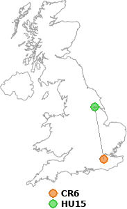 map showing distance between CR6 and HU15