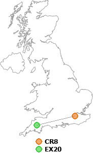 map showing distance between CR8 and EX20
