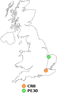 map showing distance between CR8 and PE30