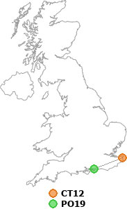 map showing distance between CT12 and PO19