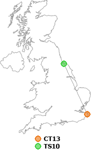 map showing distance between CT13 and TS10