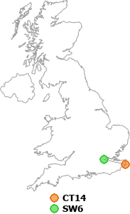 map showing distance between CT14 and SW6