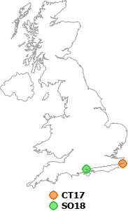 map showing distance between CT17 and SO18