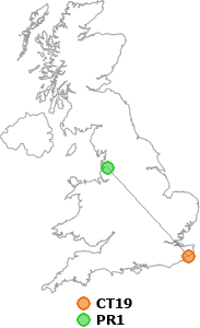 map showing distance between CT19 and PR1