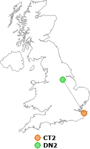 map showing distance between CT2 and DN2