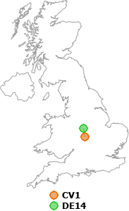 map showing distance between CV1 and DE14