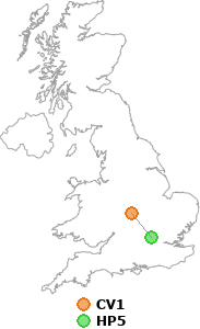 map showing distance between CV1 and HP5