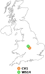 map showing distance between CV1 and WS14