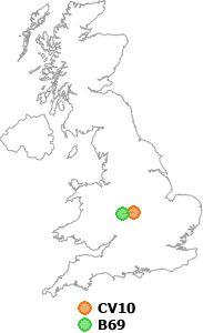 map showing distance between CV10 and B69