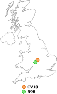 map showing distance between CV10 and B98