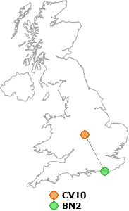map showing distance between CV10 and BN2