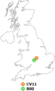 map showing distance between CV11 and B80