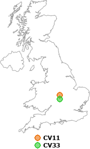 map showing distance between CV11 and CV33
