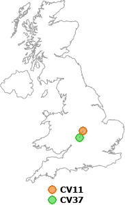 map showing distance between CV11 and CV37