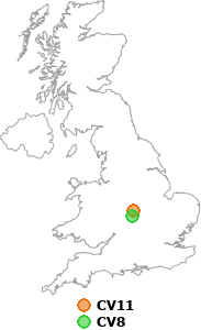 map showing distance between CV11 and CV8