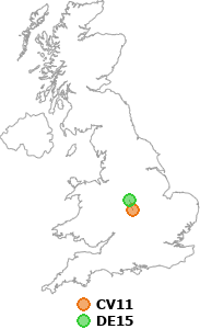 map showing distance between CV11 and DE15