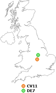 map showing distance between CV11 and DE7